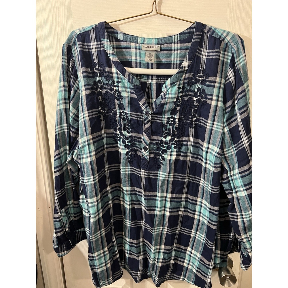 Catherine's Plus Size 3X Blue plaid blouse Pullover Long Sleeve Fall